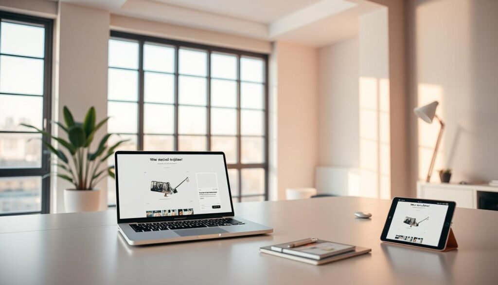 drag and drop website builder wix.com website builder drag and drop website builder showing on a laptop on a table in a large room with big windows