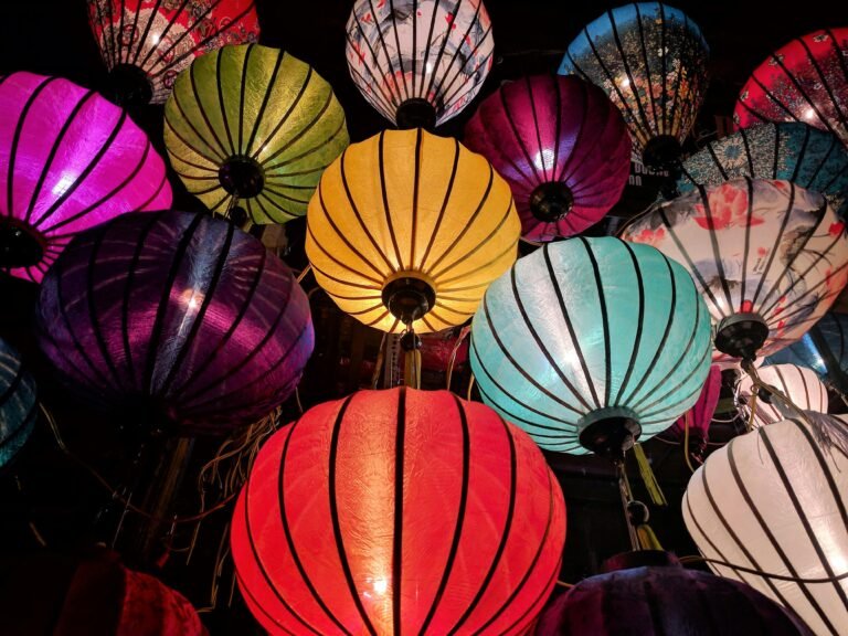 Colorful Chinese lanterns illuminating the night, perfect for festive celebrations.